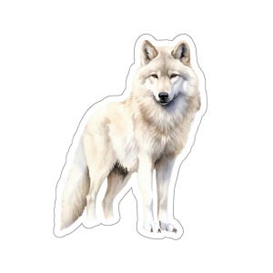 Puede incluir: Un lobo blanco con una cola esponjosa se encuentra de pie sobre un fondo blanco. El lobo tiene una nariz marrón claro y ojos marrones.