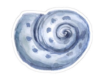 Könnte beinhalten: Ein Aquarellbild einer blauen Muschel mit einem Spiralmuster. Die Muschel hat eine hellblaue und weiße Farbgebung mit einem dunkelblauen Zentrum.