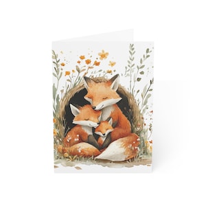 Lot de 1 ou 10 cartes de voeux mignonnes pour famille renard printanier, lot de cartes pliées avec enveloppes, intérieur vierge, cartes postales aquarelles cadeau