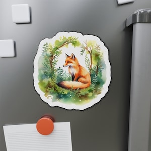 Forest Fox Magnet, Realistic Nature Watercolor Forest Wreath Wildlife Home Decor, Woodland Animal Fridge Magnet Die-Cut, Cute Kitchen Gift
