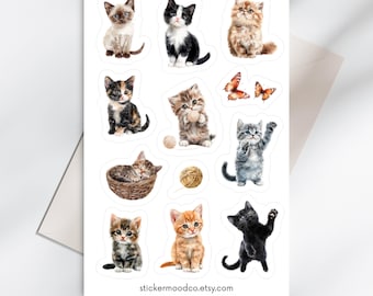 Hoja de pegatinas de gatitos, gatos de acuarela, pegatinas kawaii, pegatinas para agenda, regalo para amantes de los gatos, pegatinas para diario, calcomanía para portátil