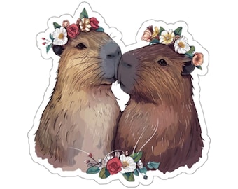 Adesivo de capivara com coroa de flores, decalque de animal em aquarela
