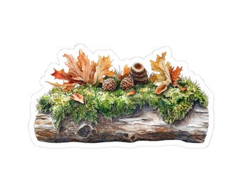 Autumn Log Sticker, Watercolor Fall Leaves, Pine Cones Sticker, Seasonal Decor, Gift for Nature Lover, Cute Waterproof Decal