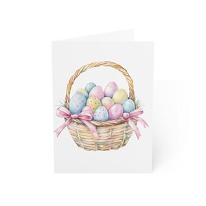 Cartões de saudação de cesta de ovos de Páscoa, pacote com 10 ou cartão dobrado individualmente com envelope, em branco por dentro, conjunto de papelaria para presente de cartão postal de aquarela