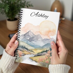 Watercolor Mountain Personalized Journal, Nature Lover Notebook, Custom Gift for Her, Scenic Landscape Diary, Stationery for Women