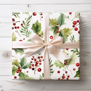 Holly Berry Watercolor Wrapping Paper, Christmas Festive Gift Wrap, Elegant Holiday Paper, Green and Red Floral Art