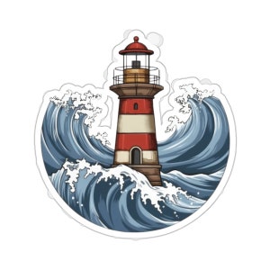 Sea Waves Lighthouse Sticker - Waterproof Vinyl Decal for Laptop, Water Bottle, Phone, Wall, Car. Nautical Gift.