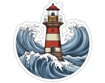 Sea Waves Lighthouse Sticker - Waterproof Vinyl Decal for Laptop, Water Bottle, Phone, Wall, Car. Nautical Gift.