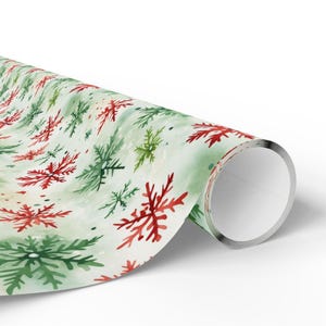 Watercolor Snowflake Wrapping Paper, Red and Green Holiday Gift Wrap, Christmas Wrapping Paper, Festive Paper, Matte or Glossy Finish