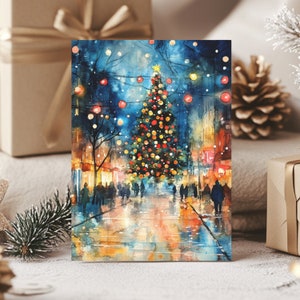 Confezione da 10 biglietti di Natale con stampa di alberi e strade notturne, cartoline artistiche acquerellate per le feste, ecologiche, buste incluse