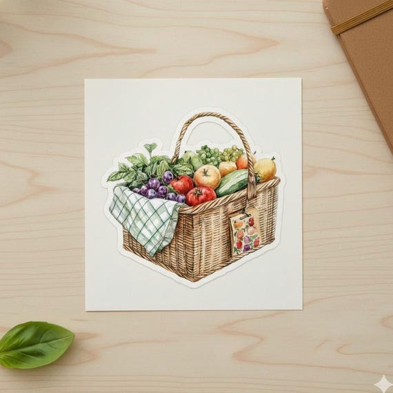 Farmers Market Basket Sticker, Watercolor Illustration, Garden