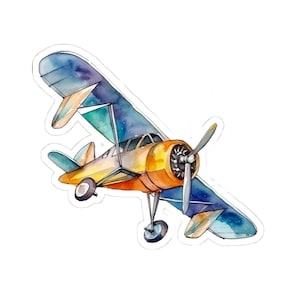 Vintage Airplane Sticker, Watercolor Airplane Decal, Aviation Lover Gift, Retro Plane Laptop Sticker, Cute Pilot Sticker, Travel Decor