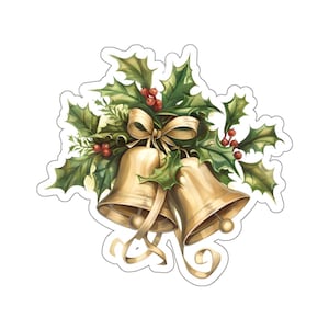 Weihnachtsglocken und Holly Glänzend Wasserdichter Aufkleber, Niedlicher Weihnachtsaufkleber für Laptop Wasserflasche Telefon Journal, Geschenk für Freunde