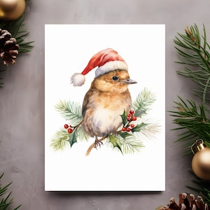 Lot de 10 cartes oiseaux de Noël, aquarelle respectueuse de l'environnement, voeux de Noël, cartes postales oiseaux rouge-gorge de Noël avec enveloppes