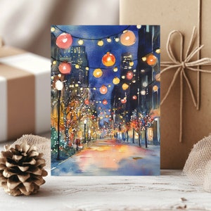 Paquete de 10 postales navideñas de la calle, juego de arte de acuarela de noche festiva, felicitaciones de papel ecológico con sobres