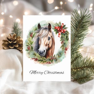 Bellissimo biglietto di auguri di Buon Natale a forma di cavallo, confezione da 10, cartolina artistica con cavallo ad acquerello, biglietto di auguri con ghirlanda, buste incluse