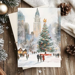 Lot de 10 cartes postales sapin de Noël dans la ville, carte de voeux scène de vacances enneigées, lot de cartes de Noël au pays des merveilles d'hiver, oeuvre d'art vintage