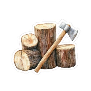 May include: Watercolor illustration of a sticker featuring a collection of wooden logs and an axe. The logs are various sizes and shapes, with visible wood grain and bark. The axe has a wooden handle and a silver blade.