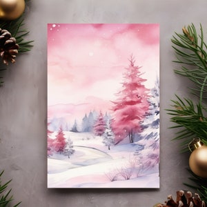 Lot de 10 cartes de Noël aquarelle roses, cartes postales de vacances hiver forêt avec enveloppes, cartes écologiques pour souhaits de Noël