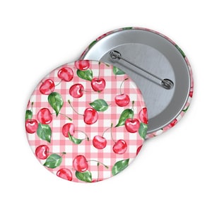 Przypinka Cherry Gingham, Słodka odznaka z owocami, Akcesorium z wzorem wiśni do plecaków, Czerwona i biała przypinka do mody, Prezent z przypinką Cherry