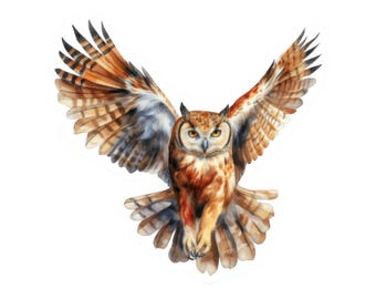 Puede incluir: Una pintura de acuarela de un búho marrón y blanco con las alas extendidas. El búho está volando con la cabeza girada hacia un lado, mirando directamente al espectador. Las plumas del búho son detalladas y realistas.