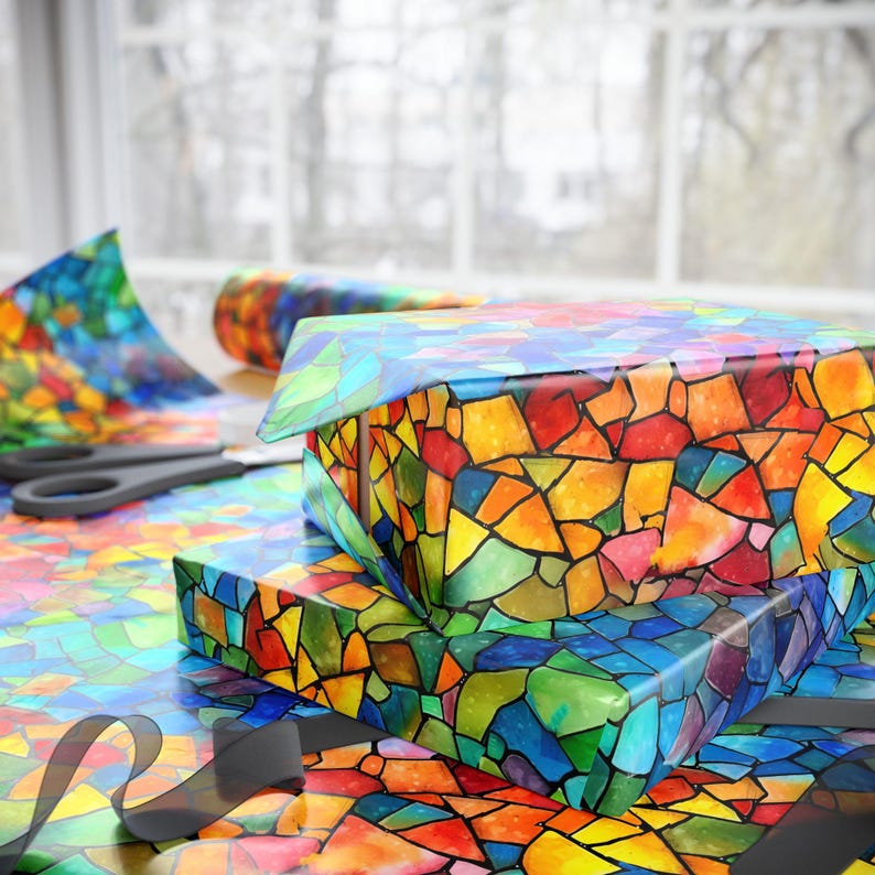 Vibrant Mosaic Wrapping Paper, Colorful Gift Wrap, Artistic Present Wrap, Stained Glass Design, Unique Gift Wrap for Any Occasion image 4
