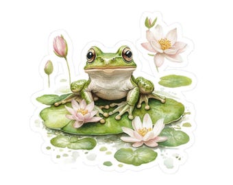 Cute Frog on Lily Pad Sticker, Frog Sticker for Laptop, Waterproof Frog Sticker, Frog Decal for Water Bottle, Planner, Phone