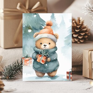 Lot de 10 cartes de voeux de Noël ours mignon, carte postale aquarelle kawaii, papeterie de vacances d'hiver, carte ours de fête, dos de cartes vierges