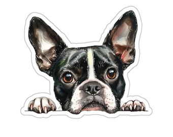Boston Terrier Sticker, Peeking Dog Waterproof Vinyl Sticker For Laptop Water Bottle Phone Wall Car Window Decal Gift