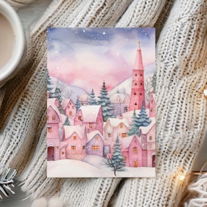 Conjunto de cartões de aldeia de Natal rosa, pacote com 10 cartões de felicitações ecológicos em aquarela, cidade de inverno, cartões de Natal com envelopes