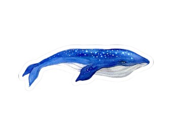 Adesivo de baleia, azul-galáxia, arte em aquarela, presente para amantes do oceano, adesivos para laptop, decalque para garrafa d'água, adesivos fofos
