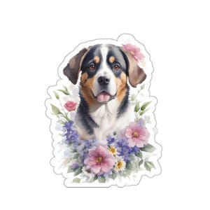 Entlebucher Sennenhund Aufkleber, Blumen Aquarell Hund, Welpen Kunst, Hund Mama Geschenk, Hundeliebhaber Aufkleber, Laptop Aufkleber