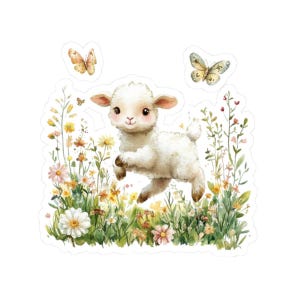 Pegatina de cordero en el prado, vinilo de animales primaverales, acuarela, para portátil, ideal para amantes de la naturaleza, regalo para niños.