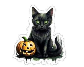 Black Cat Halloween Stickers, Spooky Cat with Pumpkin Decal, Gift for Cat Lover, Autumn Stickers, Cute Stickers