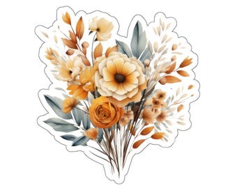 Beautiful Orange Floral Sticker Bouquet, Botanical Waterproof Decal, Cute Vinyl Sticker for Laptop, Water Bottle, Phone, Planner