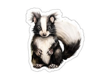 May include: A watercolour illustration of a skunk with a fluffy black and white tail. The skunk has a black body with a white stripe down its back and a white stripe on its face. The skunk is sitting upright with its paws visible.