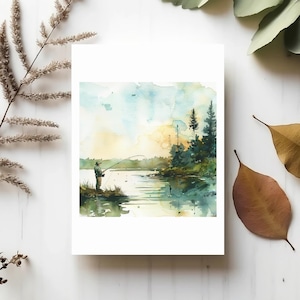 Lot de 10 cartes de voeux aquarelle paysage de pêche, cartes postales vierges, papeterie inspirée de la nature pêcheur, cadeau pour les pêcheurs