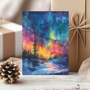 10er Pack Nordlichter Wald Grußkarten, Aquarell Aurora Borealis Postkarten Set mit 10 umweltfreundlichen, lebendigen Weihnachtskarten und Umschlägen