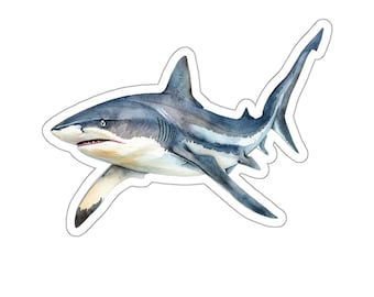 May include: A watercolor illustration of a grey shark with a white underbelly, swimming with its mouth open. The shark is depicted in a realistic style with detailed fins and scales.