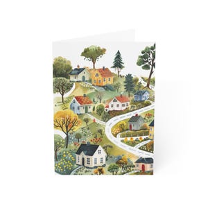 Lot de 10 cartes de voeux de village colorées ou une carte pliée avec enveloppe, vierges à l'intérieur, coffret cadeau de papeterie de cartes postales de maisons à l'aquarelle