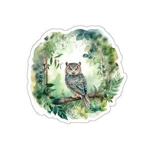 Eule im verzauberten Wald Vinyl Aufkleber, glänzender wasserdichter Aufkleber für Laptops, Wasserflaschen, Fenster, perfektes Naturgeschenk