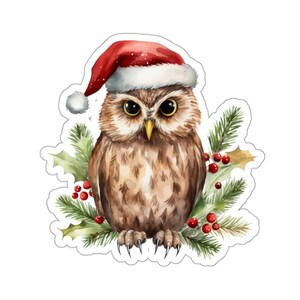 Sticker mignon hibou de Noël avec bonnet de noel, sticker animaux de la forêt aquarelle pour ordinateur portable bouteille d'eau voiture, cadeau pour amoureux des oiseaux, décoration de vacances