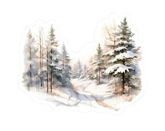 Winter Forest Scene Sticker, Snowy Trees Laptop Decal, Waterproof Vinyl Sticker, Nature Inspired Art, Laptop Water Bottle Decor