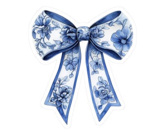 Blue Floral Bow Stickers, Cute Bow Decal, Chinoiserie Stickers, Laptop Stickers, Water Bottle Stickers, Gift for Her, Journaling