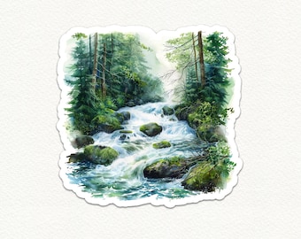 Forest Waterfall Vinyl Sticker, Nature Scenery Decal, Outdoorsy Laptop Sticker, Evergreen Trees, Water Bottle Sticker