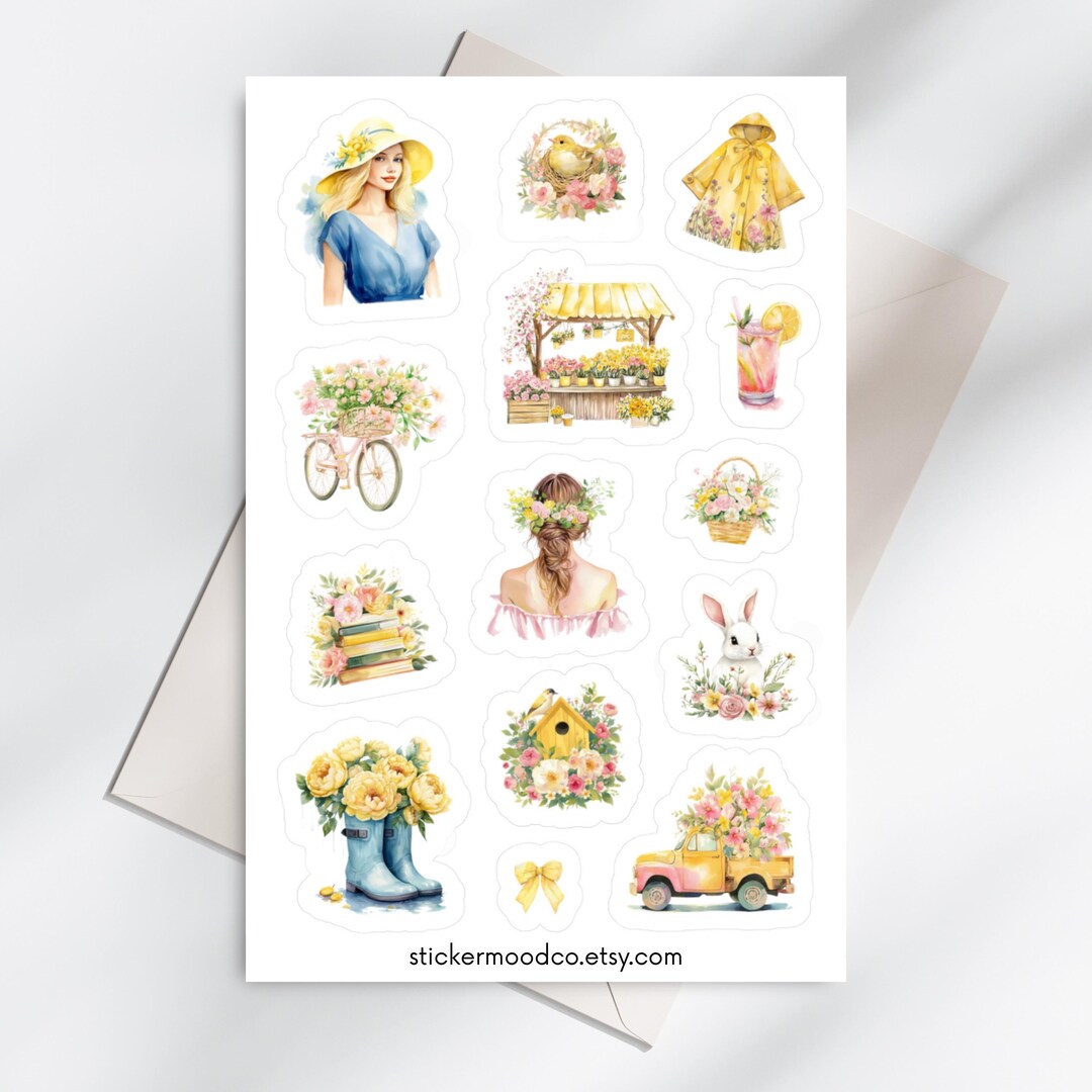 Yellow Spring Stickers Sheet, Watercolor Cute Stickers for Planner ...