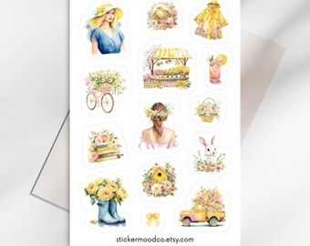 Yellow Spring Stickers Sheet, Watercolor Cute Stickers for Planner Scrapbook Bujo Journal, Gift for Her, Spring Decor Sticker Set