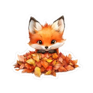 Fox Sticker, Autumn Leaves Decal, Laptop Sticker, Gift for Her, Cute Stickers, Fall Decor, Watercolor Art, Funny Stickers, Animal Decal