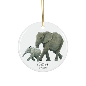 Elephant Family Ceramic Ornament, Hand-Painted Style, African Wildlife, Holiday Decor, Customizable Christmas Keepsake, Unique Gift
