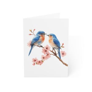 Cartões de felicitações de pássaros do amor com flores de cerejeira, pacote com 10 ou cartão dobrado individualmente com envelope, interior em branco, conjunto de papelaria para presente de cartão postal em aquarela
